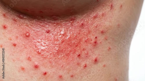 Close-up of a persons skin with a red, inflamed rash and small red bumps, possibly acne or dermatitis.