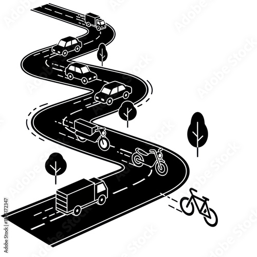 Winding Road with Vehicles and Cyclist.