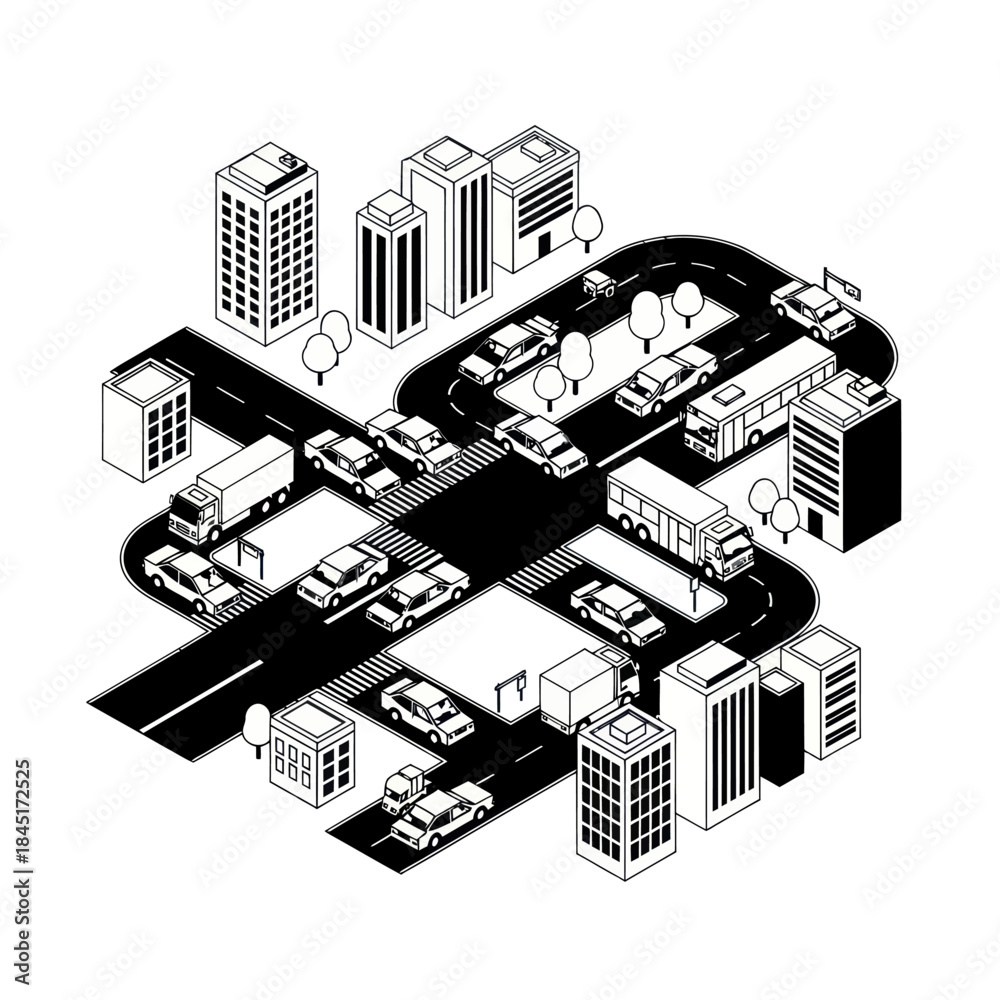 Fototapeta premium Black and White Cityscape with Vehicles.