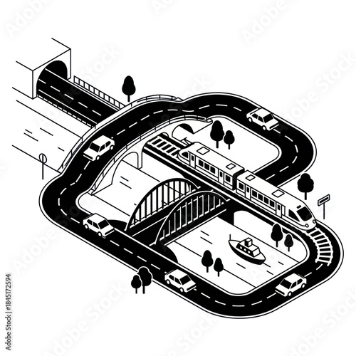 Black and White Highway Interchange Illustration.