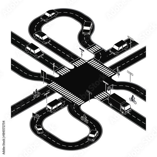 Black and White Highway Interchange Illustration.