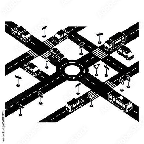 Black and White Roundabout Traffic Illustration.