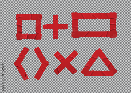 Abstract Geometric Math Symbols Icon Set with red glued tape patch | Plus, Square, Triangle & Brackets Vector Design