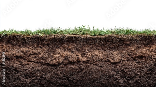 Cross-section of soil with grass and roots, showcasing earth layers.