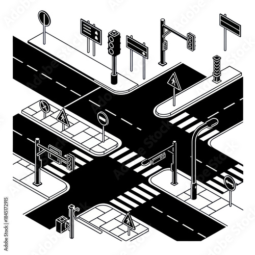 Isometric Illustration of Road Intersection with Traffic Signs.