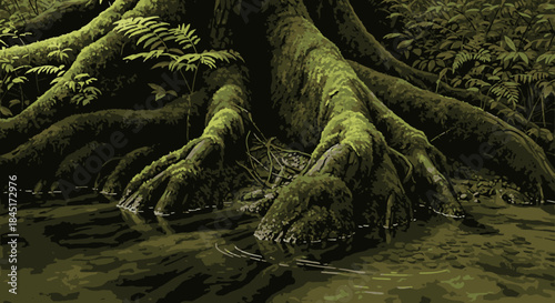 Ancient, gnarled tree roots, thickly covered in vibrant green moss, gracefully emerge from the murky water in a mysterious, verdant forest.