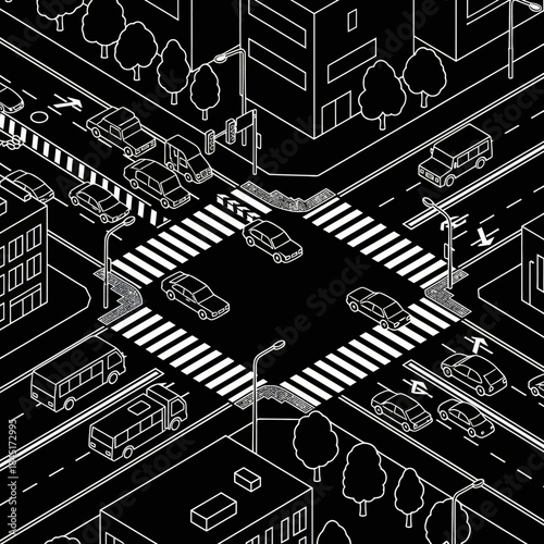 Illustration of Busy City Street Intersection.