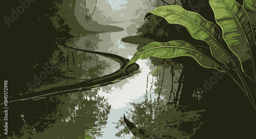 A serene, winding river gracefully meanders through a dense, vibrant tropical rainforest, showcasing lush green foliage and untouched natural beauty.