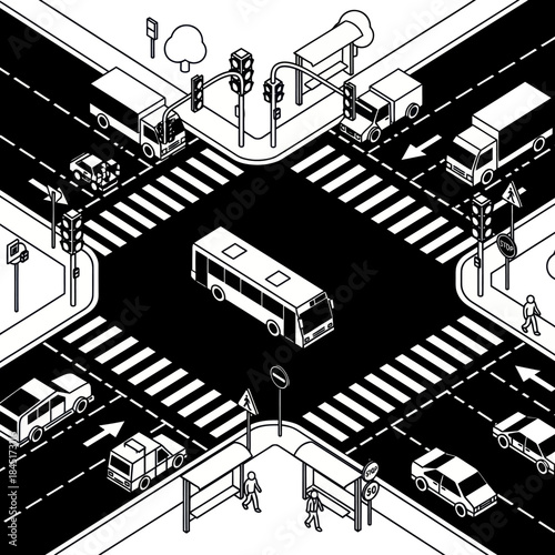 Illustration of Busy City Road Intersection.