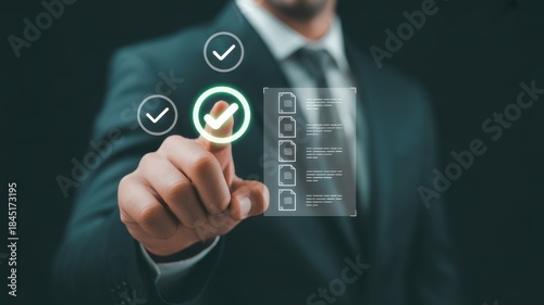 Digital Checklist Completion: A professional hand, elegantly clad in a suit, interacts with an interactive checklist, signifying task completion. The image exudes a sense of focus, progress.