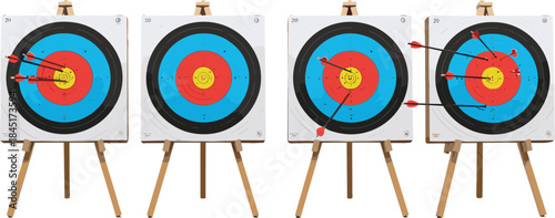 Archery target boards with arrows hitting bullseye on wooden stands, professional shooting practice vector illustration set