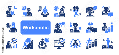 Workaholic icon set with Overwork, Overtime, Deadline, Stress, Exhausted, Time management, Productivity simple vector.