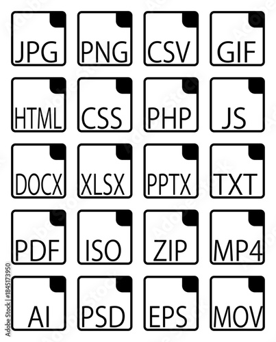jpg,png,csv,gif,html,css,php,js,docx,xlsx,pptx,ysy,pdf,iso,zip,mp4,ai,psd,eps,movファイル拡張子アイコンセット透過