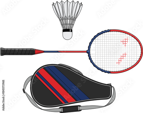 Badminton equipment set with racket shuttlecock and sports bag isolated on white background vector illustration
