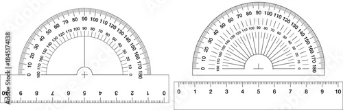 High-resolution vector illustration of two half-circle protractors and two measuring rulers, featuring precise metric markings, clear lines, and technical drawing style. Ideal for educational
