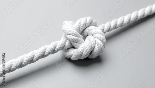 Thick white rope tied in overhand knot, centered on light gray background, close-up view.