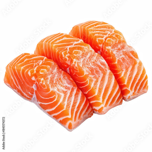 Fresh raw salmon fillet slices, thick cut seafood for sushi and sashimi, isolated on transparent background.