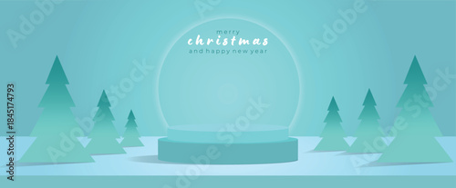A tranquil teal winter scene featuring a central snow globe pedestal surrounded by stylized evergreen trees. Soft gradients create a calm mood suitable for holiday, seasonal, and festive promotions
