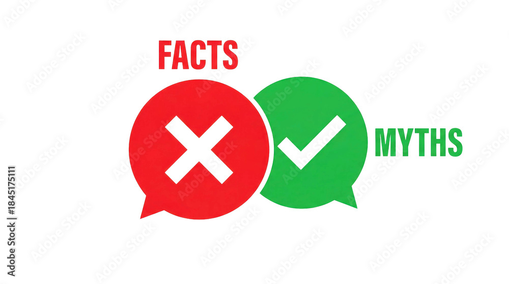 Fototapeta premium Visual representation contrasting facts and myths with speech bubbles in vibrant colors for educational purposes. Isolated on transparent background