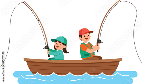 Cute father and child fishing together on wooden boat vector illustration, family outdoor leisure activity on water.