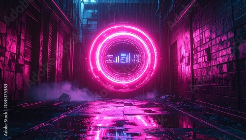 Naklejka サイバーノワールの背景：雨に濡れた路地に浮かぶデジタルサウンドウェーブ