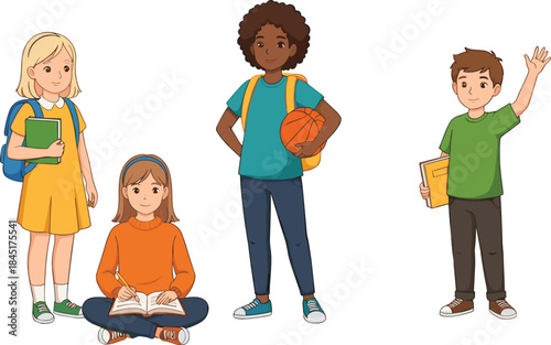 Diverse group of school children with books and basketball isolated on white background education vector illustration