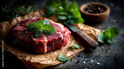 Black angus prime meat set for grilling with fresh herbs, spices. Fresh raw meat steak on paper.