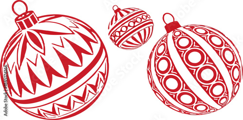 Realistic red hanging Christmas baubles, vector illustration set, no background, smooth glossy finish, detailed festive ornament design.