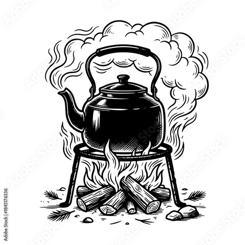 Black kettle on campfire outdoors.