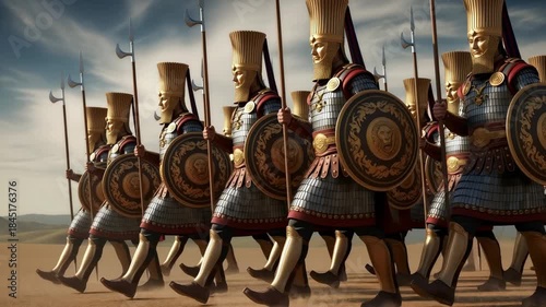 Golden persian immortals march in desert formation, ancient military warrior in full armor with spears and shields. Military historical reenactment concept.
