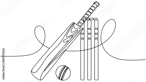 one-line drawing of cricket equipment, specifically a bat, a ball, and a set of three stumps (wickets).