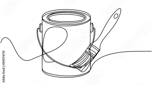  a minimalist one-line drawing of a paint can with a paintbrush resting on the edge, featuring a flowing line representing paint
