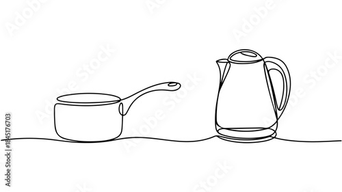 a minimalist one-line drawing of two common kitchen items: a saucepan (or milk pan) and an electric kettle