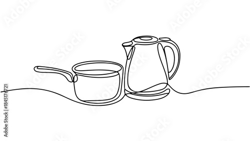 a minimalist one-line drawing of two common kitchen items: a saucepan (or milk pan) and an electric kettle