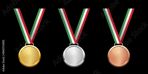 Gold, silver, and bronze medals. Realistic 3D award medals with ribbons, symbolizing first, second, and third place in sports, competitions, and athletic events. Vector illustration.