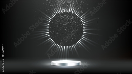 Silver award podium. Round silver pedestal with metallic surface under glowing circle halo and radiant light rays on dark. Luxury presentation stage. Premium vector illustration.