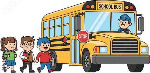 Happy children boarding school bus with smiling driver and stop sign, colorful back to school cartoon vector illustration.