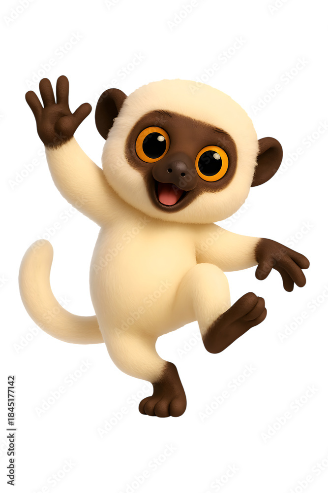 Naklejka premium An adorable cartoon lemur character with creamy fur and big orange eyes gives a friendly wave isolated on transparent background