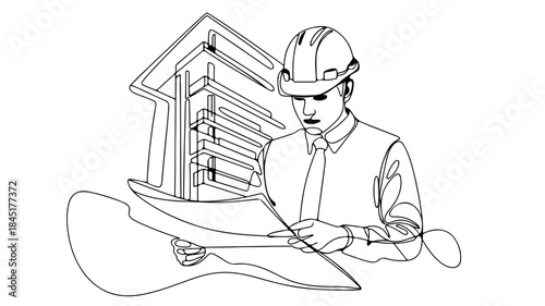 a minimalist one-line drawing of an architect or engineer on a construction site
