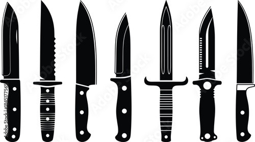 Knife silhouettes set in different shapes isolated vector illustration for kitchen tools, weapons, camping, and design concepts
