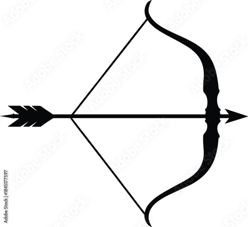 Minimal bow and arrow silhouette icon in black, archery weapon symbol vector illustration isolated on white background