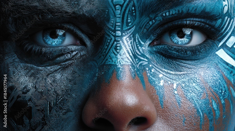 Obraz premium Intriguing portrait of a person with striking blue eyes and face paint