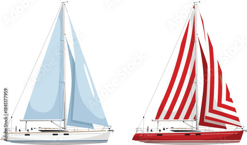 Sailing yacht vector illustration with blue and red striped sails, modern sailboat design isolated on white background