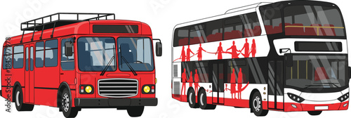 Red city bus and modern double decker bus vector illustration for public transportation, urban travel and transit concepts.