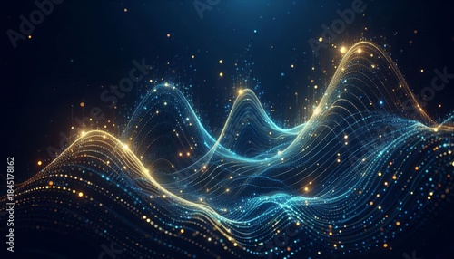 Abstract glowing waves of blue and gold particles on dark background with futuristic light effects for tech data or digital design.