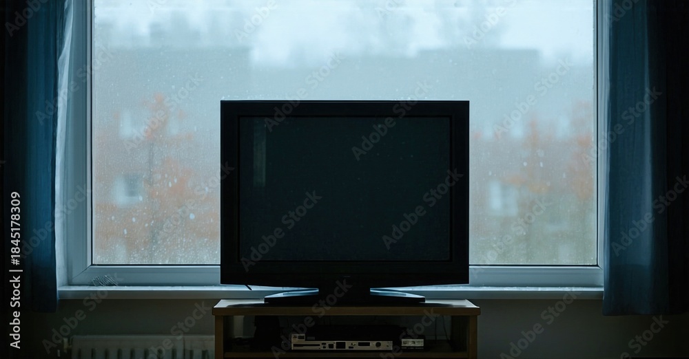 Fototapeta premium Dark room features television set facing window. Rain streaks glass, creating somber mood. Minimalist interior design present.