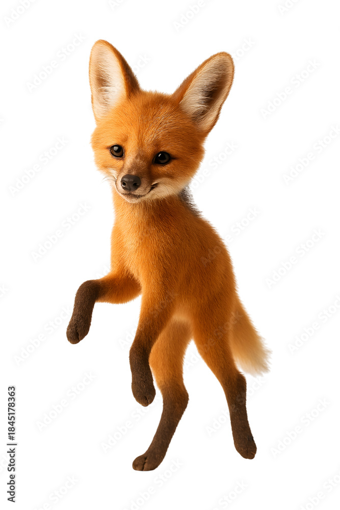 Naklejka premium A playful red fox cub standing on its hind legs with one paw raised isolated on transparent background