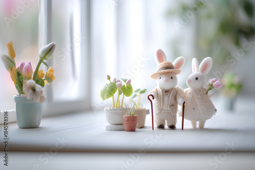 車椅子に乗ったウサギのやさしいリハビリ風景／まみおデザイン福祉シリーズ
