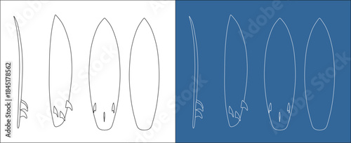 Multiview Orthographic Wireframe Technical Drawing of Surfboard Design on White and Blueprint Background