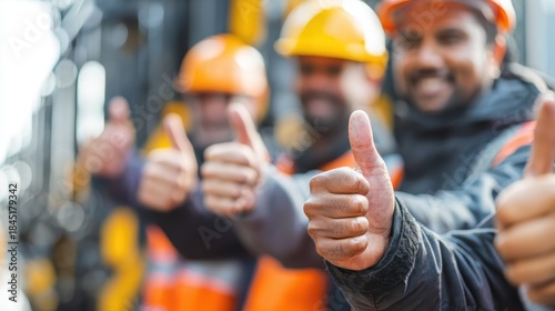 Thumbs Up Team: A group of construction workers, wearing safety gear and helmets, giving a collective thumbs-up, a symbol of approval and solidarity.